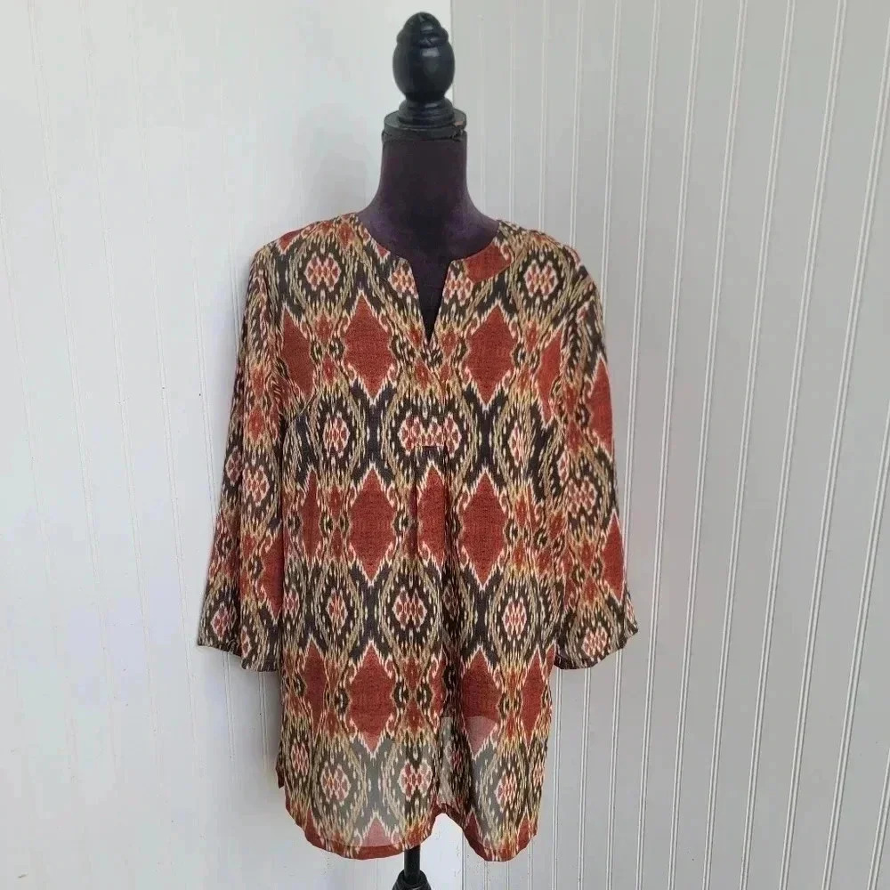 Jones Wear Women’s Semi Sheer Geo Print V Neck 3/4 Sleeve Shirt Top Orange Sz 16